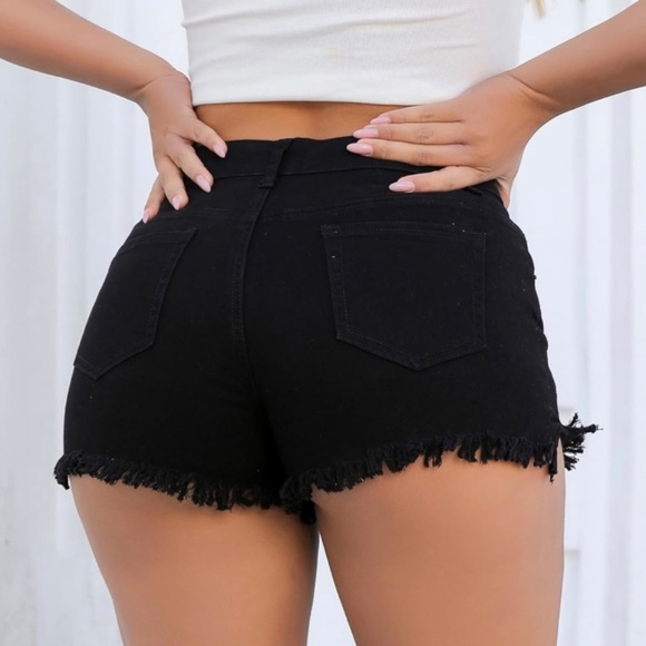 Mid Rise Black Denim Distressed Shorts - Picture 4 of 7